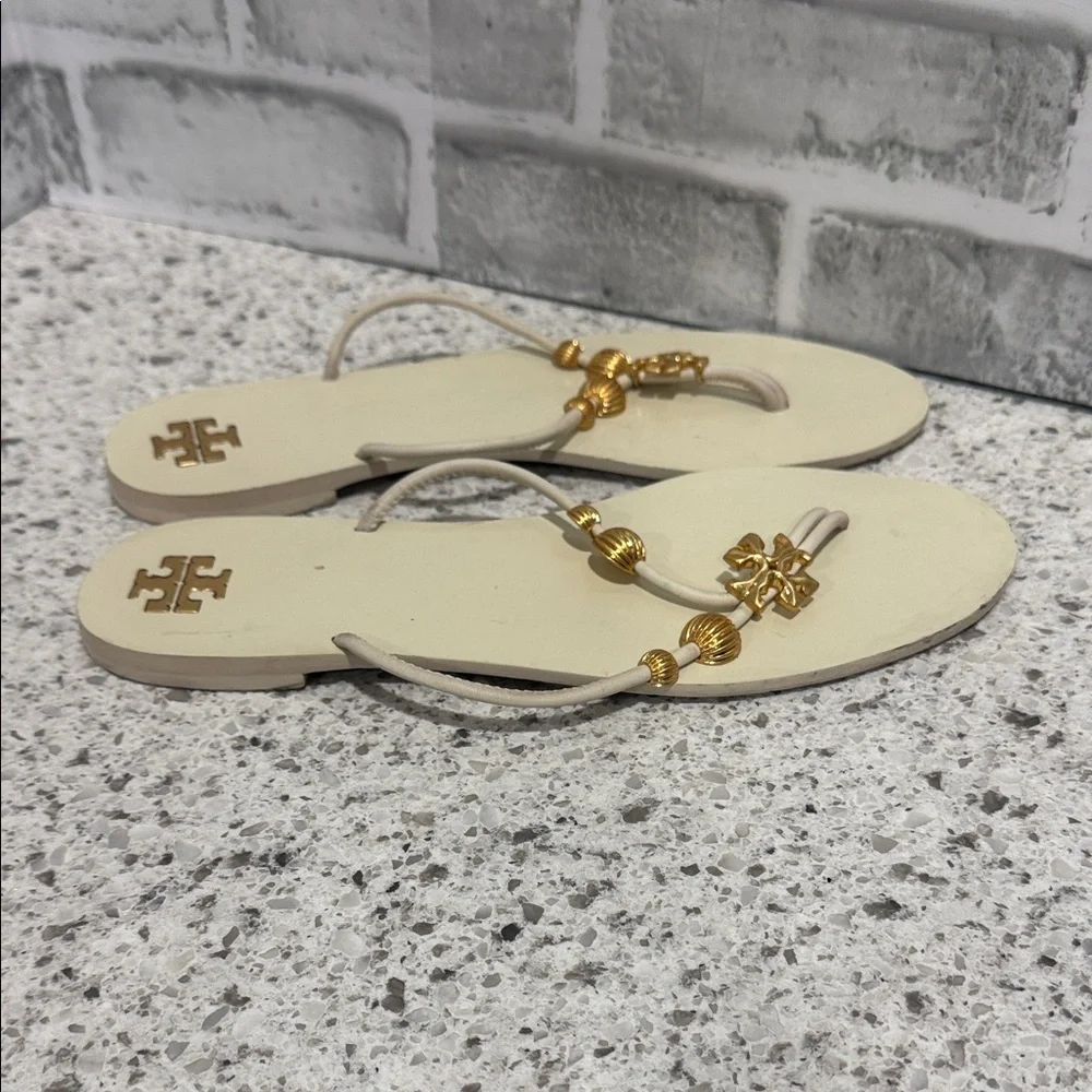 Tory Burch Cream and Gold Beaded Leather Sole Sandals - Picture 3 of 6